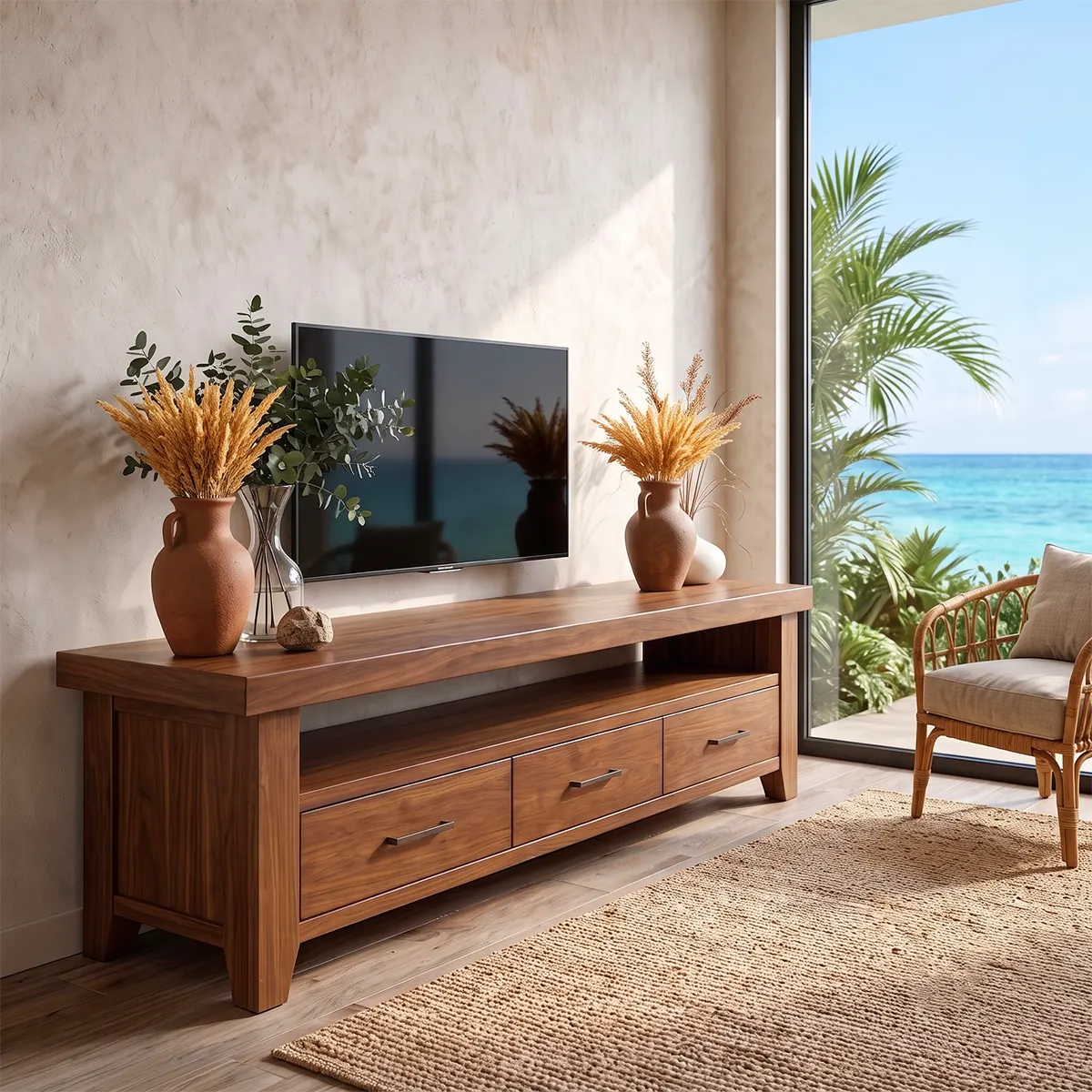 Modern TV Stand with 3 Drawers & Open Shelf | Long Low Profile Media Console