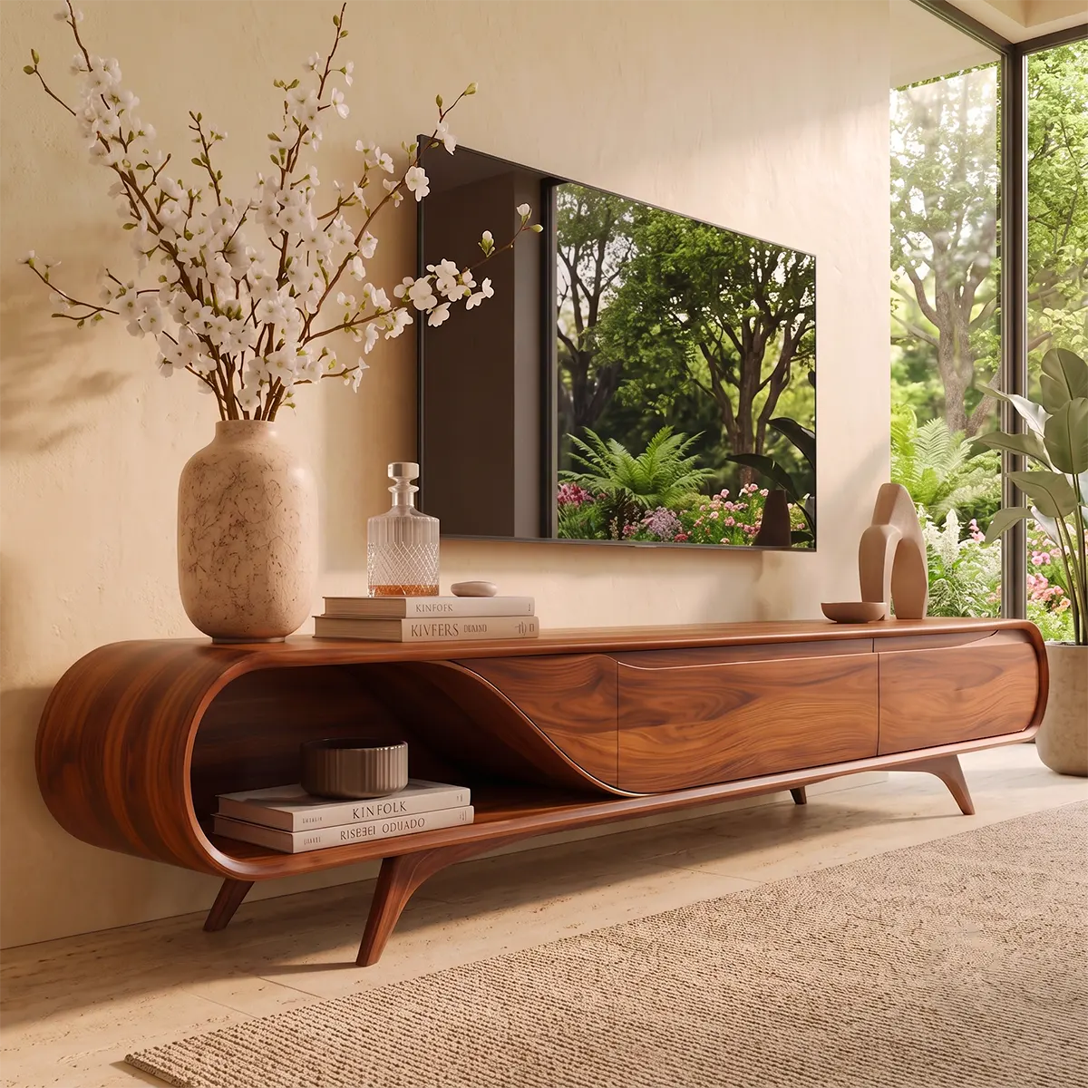 Sculptural Curved TV Stand with 2 Concealed Storage Compartments & Open Shelf | Modern Media Console