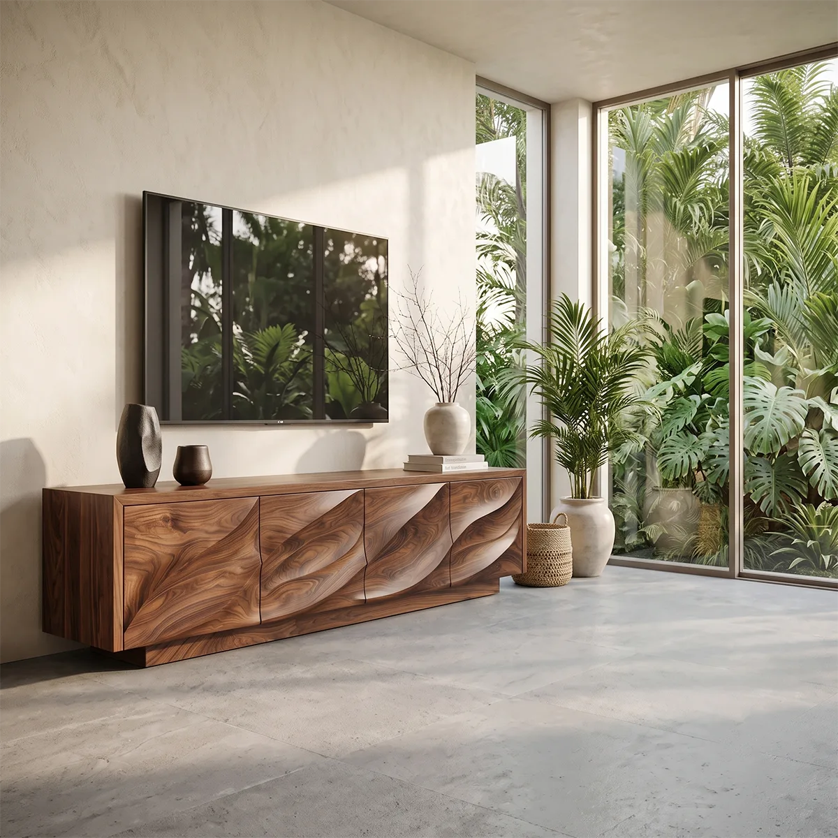 Modern Organic TV Stand with Sculpted Cabinets | Media Console TT006-9MXD1HU