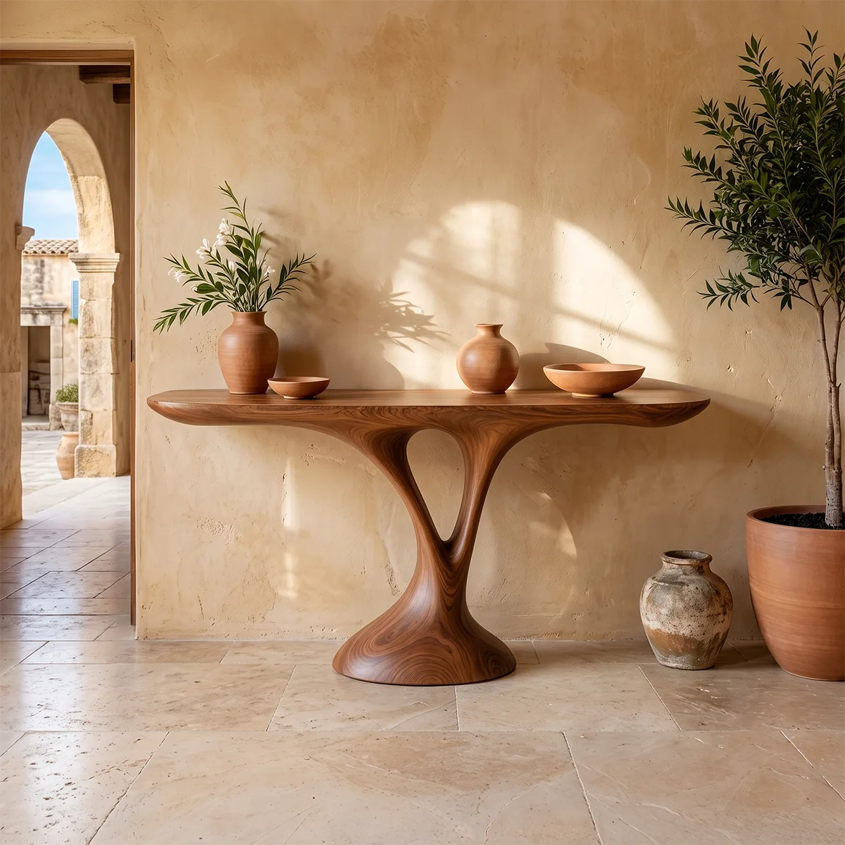 Organic Modern Console Table with Sculptural Pedestal Base for Entryway & Living Room TT006-2903