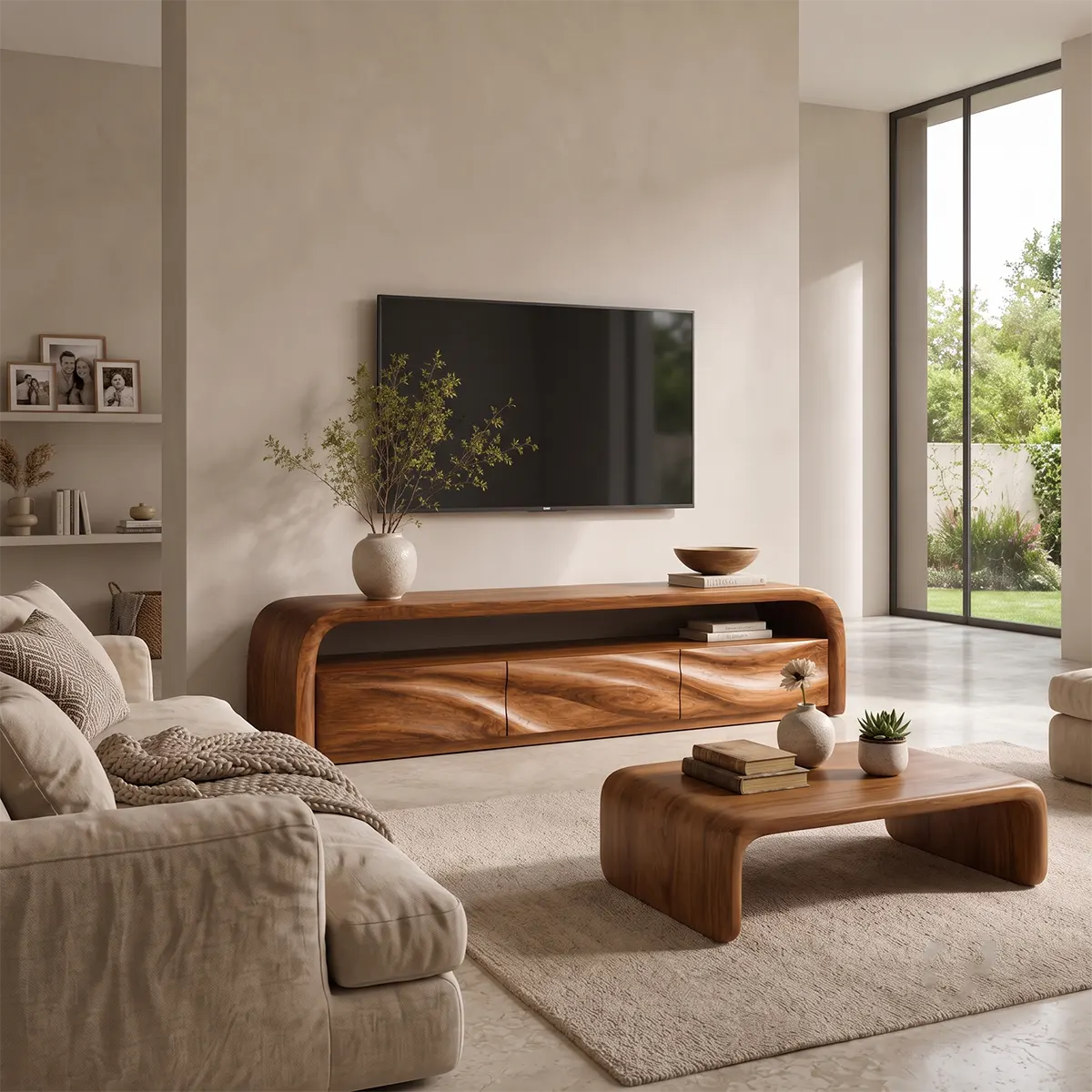 Modern Organic TV Stand with Sculpted Cabinets | Open Media Console TT006-8LGO4IB