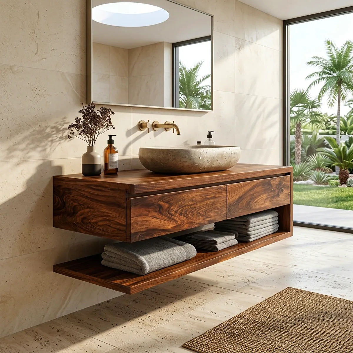 Floating Bathroom Vanity with 2 Drawers & Open Shelf | Modern Minimalist Wall Mounted Design