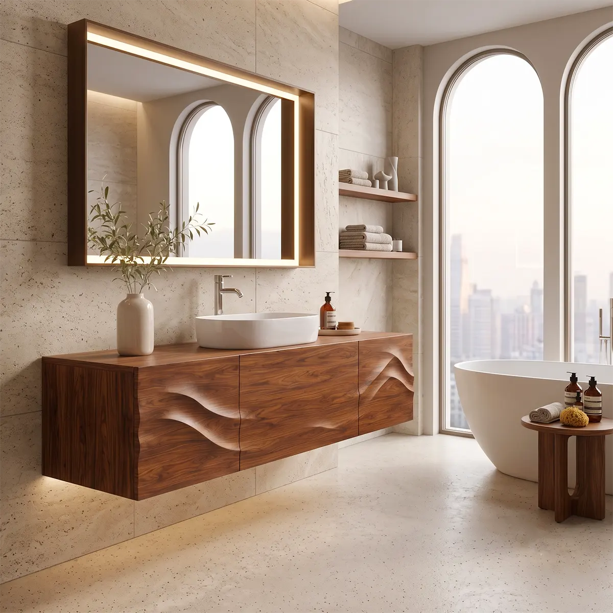 Floating Bathroom Vanity with 3 Doors | Sculpted Wave Front & Handleless Design