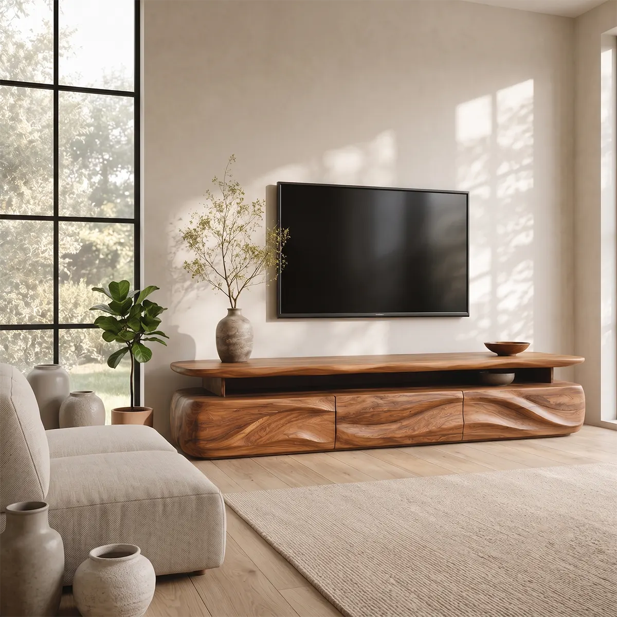 Modern Organic TV Stand with Three Sculpted Cabinets | Open Display Media Console TT006-3GCV7CG