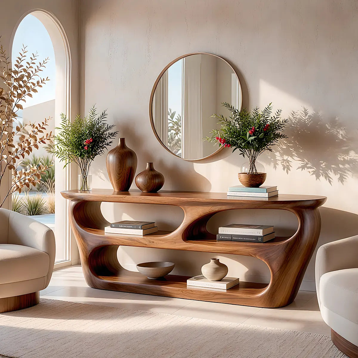 Modern Wooden Console Table with Open Shelves & Sculptural Organic Design TT006-5635