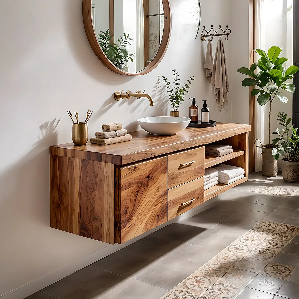 Floating Solid Wood Bathroom Vanity | Live Edge Wood Vanity with Soft-Close Drawers & Open Shelves TT006-1WVD8ID