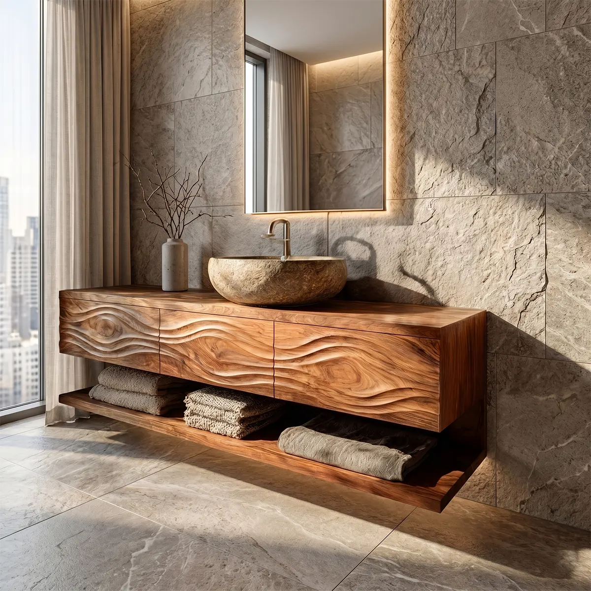 Floating Bathroom Vanity with 3 Drawers & Full-Length Open Shelf | Sculptural Wave Front Design