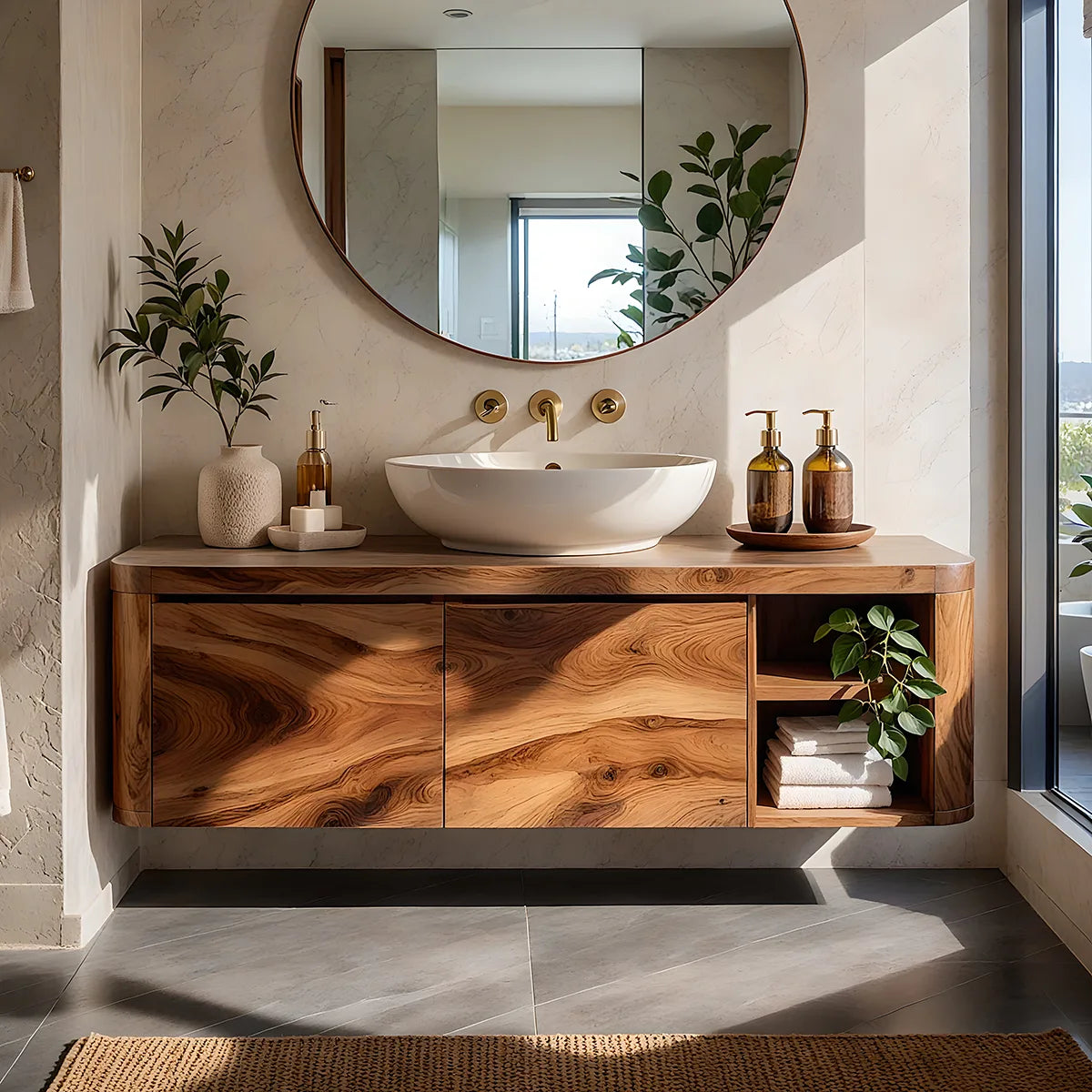 Floating Solid Wood Bathroom Vanity | Wall Mounted Single Sink Vanity with 2 Hinged Cabinets & Open Shelf TT006-6DFI9SI