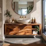 Floating Solid Wood Bathroom Vanity | Wall Mounted Single Sink Vanity with 2 Hinged Cabinets & Open Shelf TT006-6DFI9SI