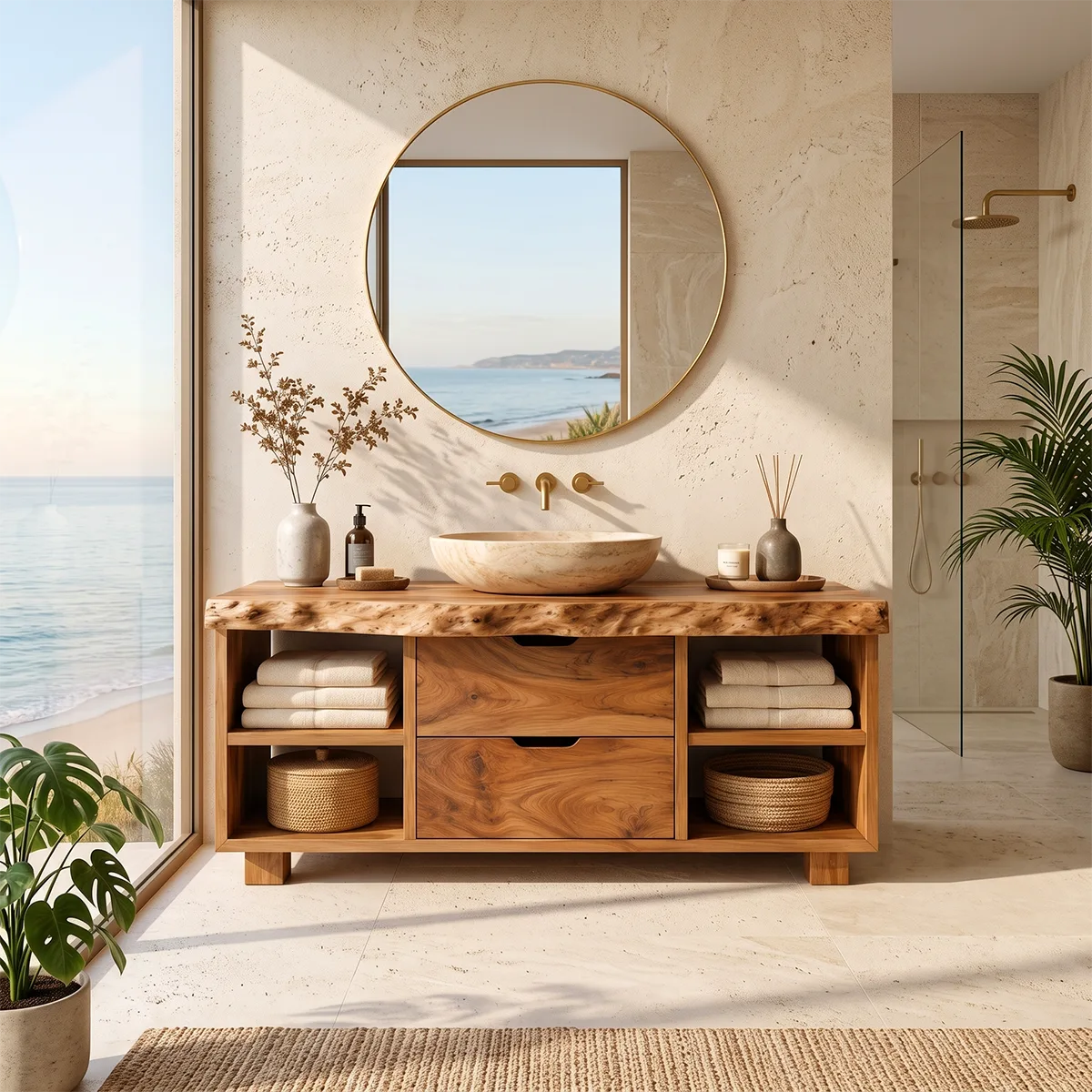 Freestanding Bathroom Vanity with Drawers & Open Shelves | Live Edge Wood Vanity Cabinet