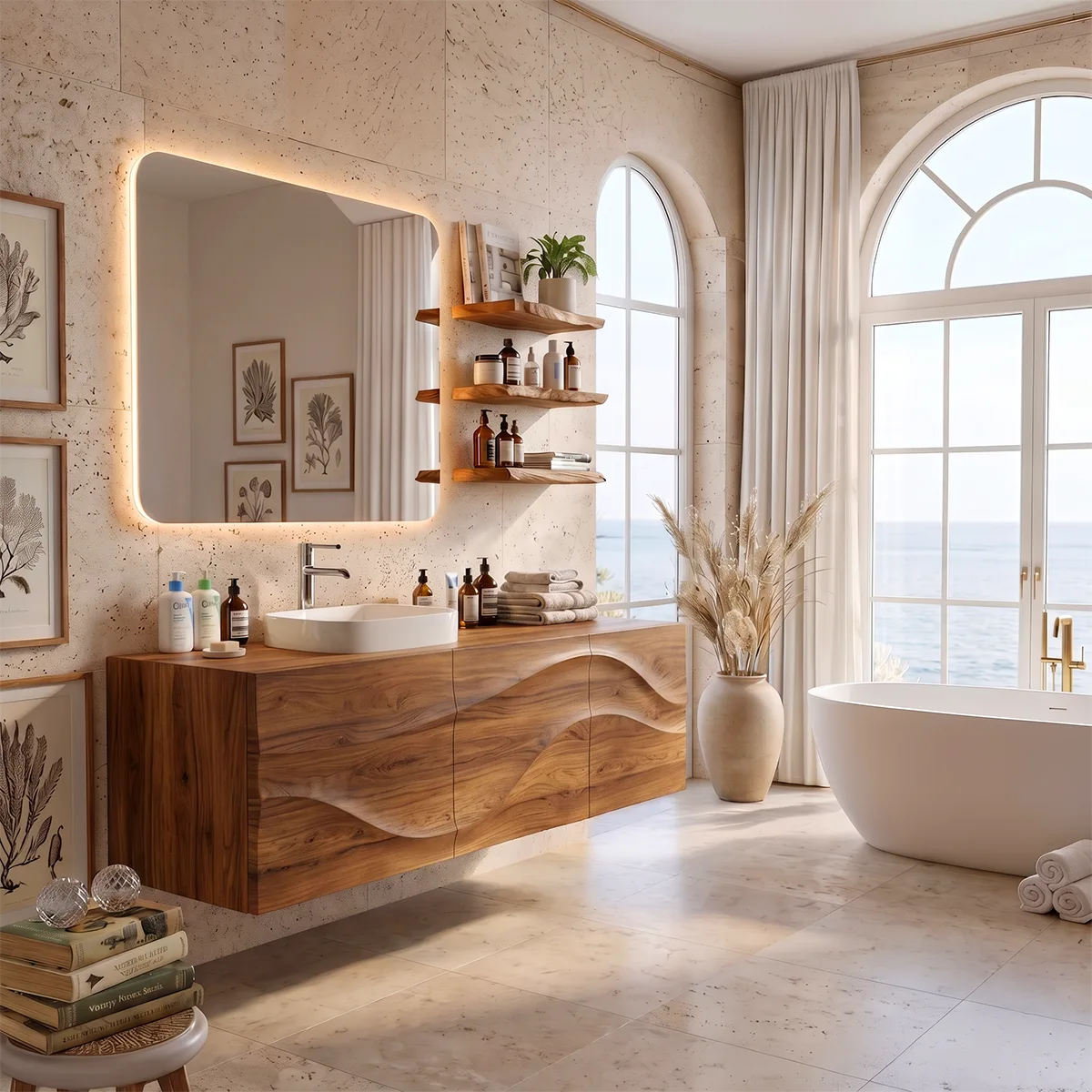 Floating Bathroom Vanity with 3 Doors | Sculpted Wave Front Wall Mounted Vanity Cabinet