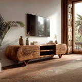 Curved 2-Door TV Stand with Open Shelves | Sculptural Modern Media Console
