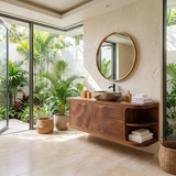 Floating Solid Wood Bathroom Vanity with Double-Door Cabinet & Open Shelves | Wall Mounted Bathroom Vanity with Wave Carved Doors TT006-3MZX2XI