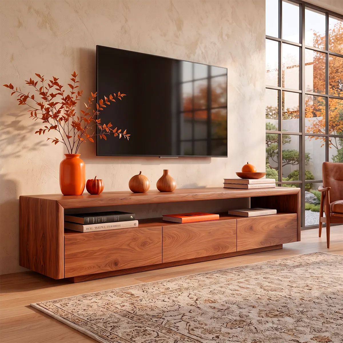 Modern TV Stand with 3 Enclosed Storage Compartments & Long Open Media Shelf