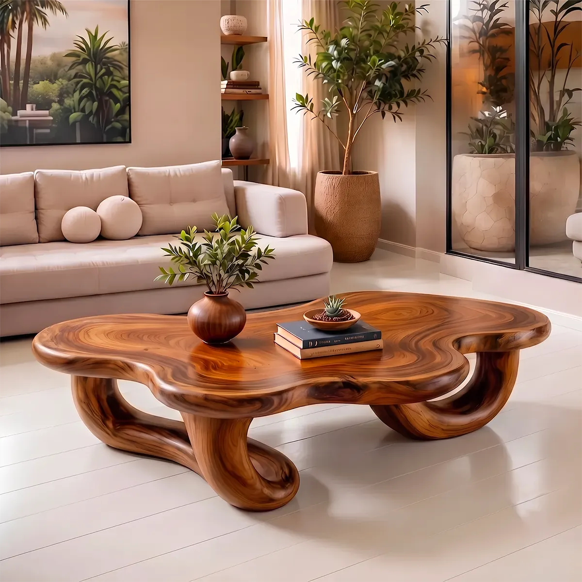 Modern Organic Solid Wood Coffee Table with Sculptural Curved Base TT006-4311