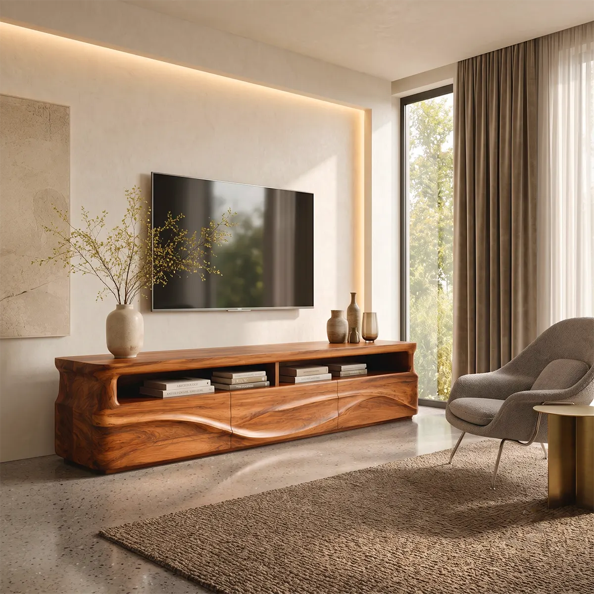 Modern Organic TV Stand with Sculpted Cabinets | Open Display Media Console TT006-5EKO4LA