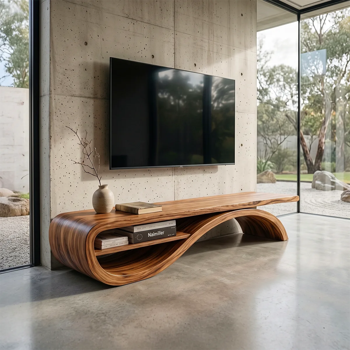 Organic Modern Sculptural TV Stand with Curved Open Shelf | Designer Media Console TH003-9FXK3JC