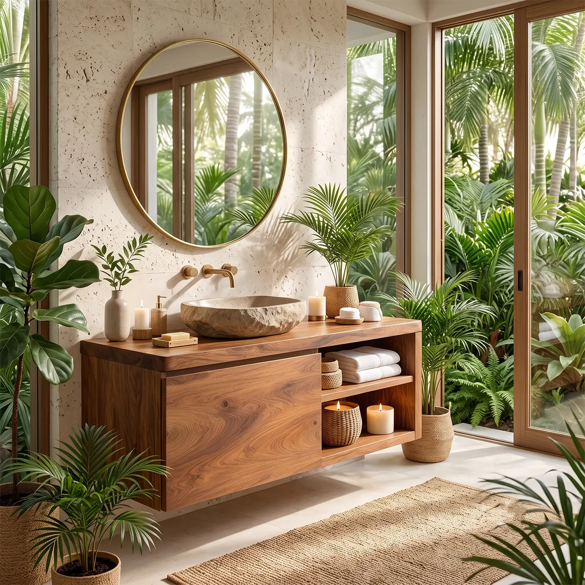 Floating Solid Wood Bathroom Vanity with Single-Door Cabinet & Open Shelves | Wall Mounted Bathroom Vanity with Fixed Storage TT006-5WWS2ST