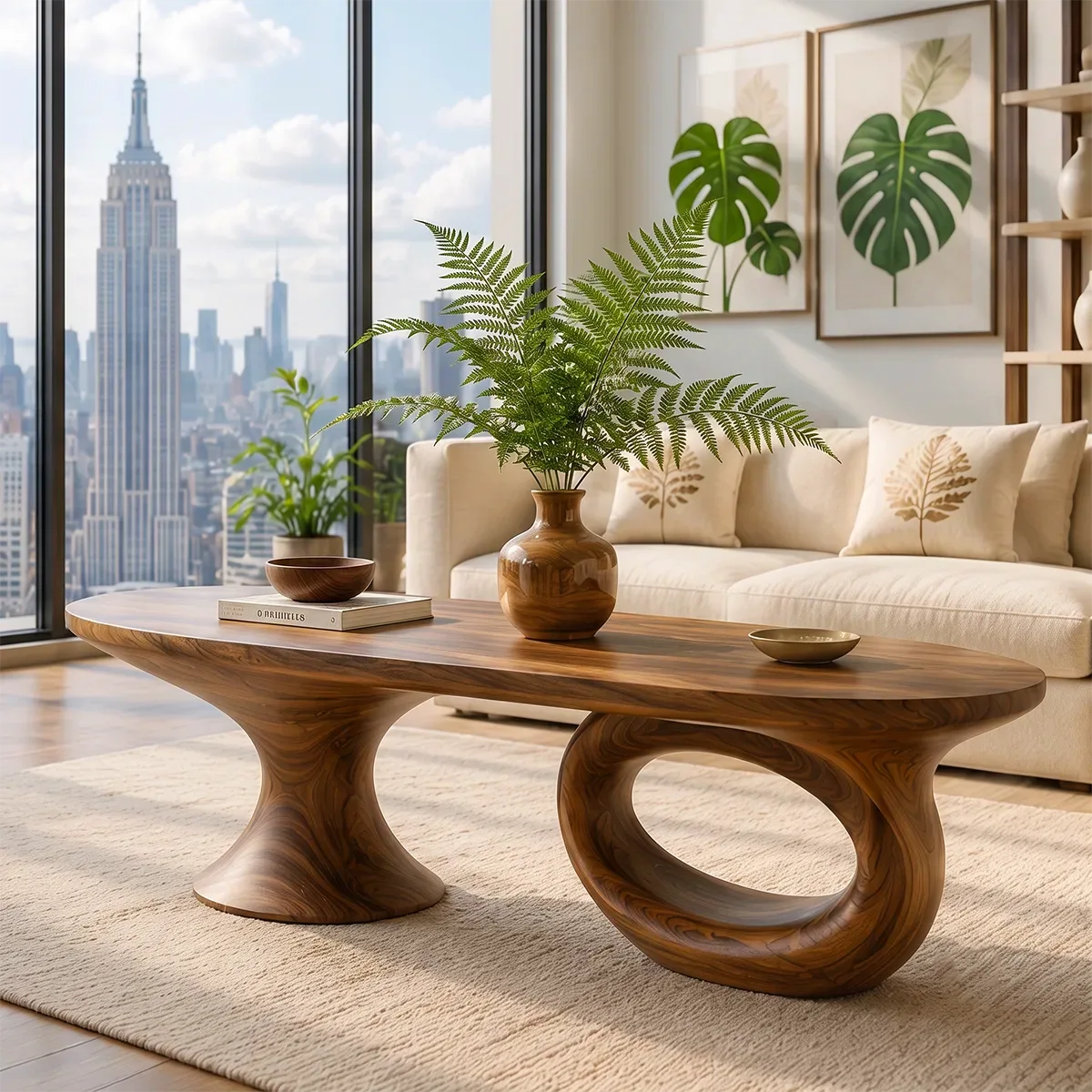Sculptural Wood Coffee Table with Asymmetrical Pedestal Legs | Organic Modern Oval Center Table