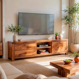 Modern TV Stand with 2 Drawers, Open Shelves & Enclosed Cabinet | Contemporary Media Console
