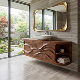 Modern Floating Bathroom Vanity with Wave Carved Doors & Open Shelves | Solid Wood Wall Mounted Bathroom Vanity TT006-8NEC3KF
