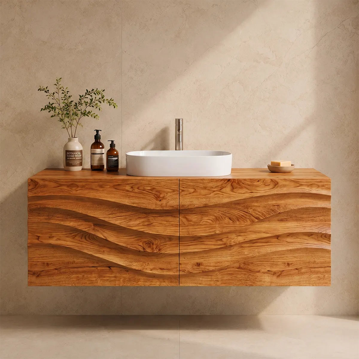 Floating Bathroom Vanity with 2 Doors | Carved Wave Front Wall Mounted Vanity Cabinet