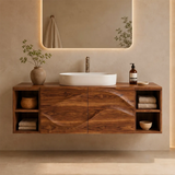 Floating Bathroom Vanity with 2 Carved Wave Doors & 4 Open Storage Compartments