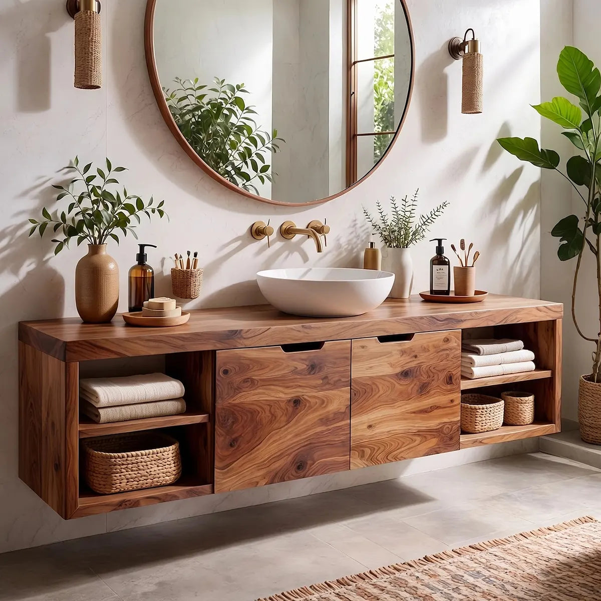Floating Solid Wood Bathroom Vanity | Wall Mounted Single Sink Vanity with Double-Door Cabinet & Open Shelves TT006-9KLL6LF