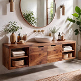 Floating Solid Wood Bathroom Vanity | Wall Mounted Single Sink Vanity with Double-Door Cabinet & Open Shelves TT006-9KLL6LF