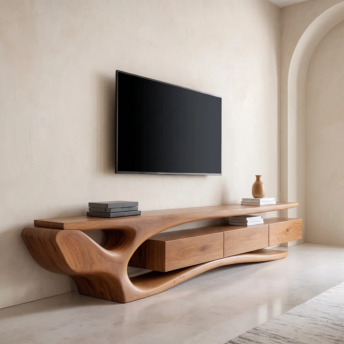 Modern Organic TV Stand with Sculptural Wave Frame & Three Drawer Storage TT006-9XJR2WM