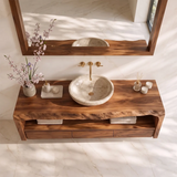 Floating Solid Wood Bathroom Vanity | Live Edge Bathroom Vanity with 3 Soft-Close Drawers and Open Shelf TT006-5FPH5WZ