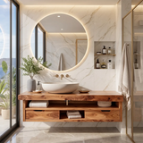 Floating Solid Wood Bathroom Vanity | Modern Bathroom Vanity with Double Drawers and Open Shelf TT006-4876