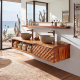 Floating Double Sink Solid Wood Bathroom Vanity | Modern Wood Vanity with Open Shelf & Carved Hinged Cabinet TT006-1ERI1VM