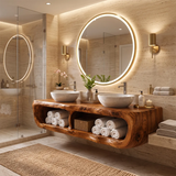 Floating Double Bathroom Vanity with Open Storage Compartments | Sculptural Organic Modern Design
