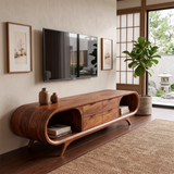 Modern Curved TV Stand with 4 Drawers & 2 Open Shelves | Sculptural Media Console