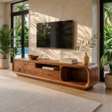 Modern Curved TV Stand with 3 Drawers & Open Media Storage | Sculptural Low Profile Entertainment Console