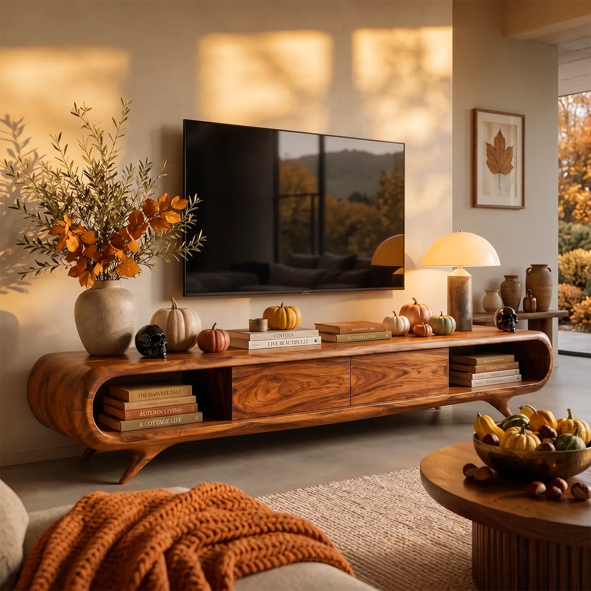 Sculptural Curved TV Stand with Open Shelves & Concealed Storage | Modern Low Profile Media Console