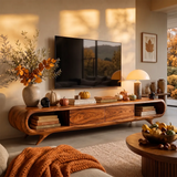 Sculptural Curved TV Stand with Open Shelves & Concealed Storage | Modern Low Profile Media Console
