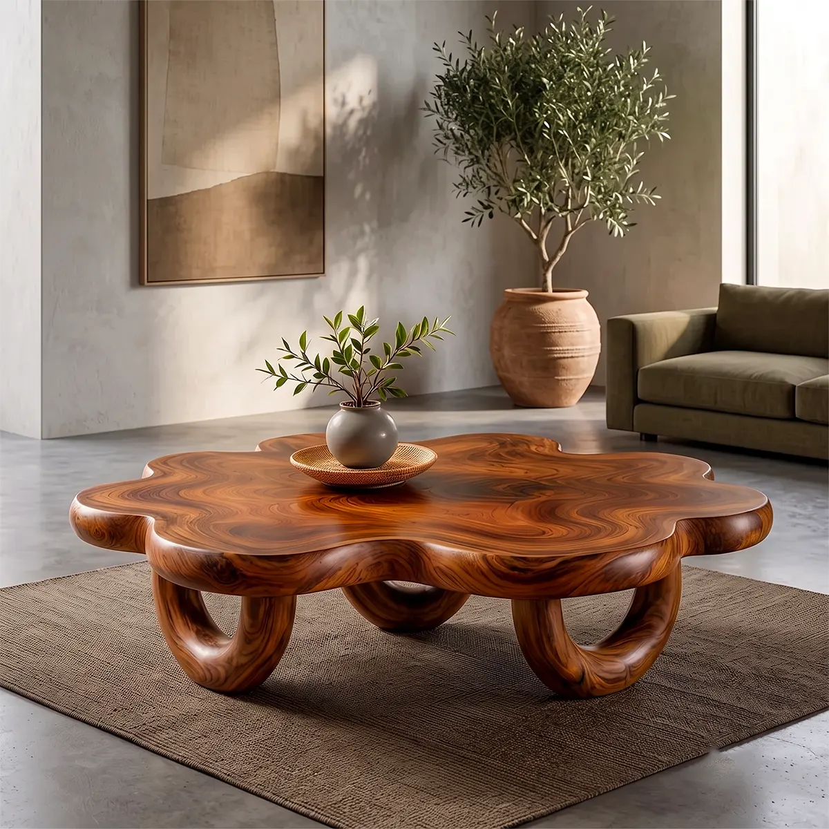 Organic Solid Wood Coffee Table | Sculptural Flower-Shaped Modern Center Table TT006-3040