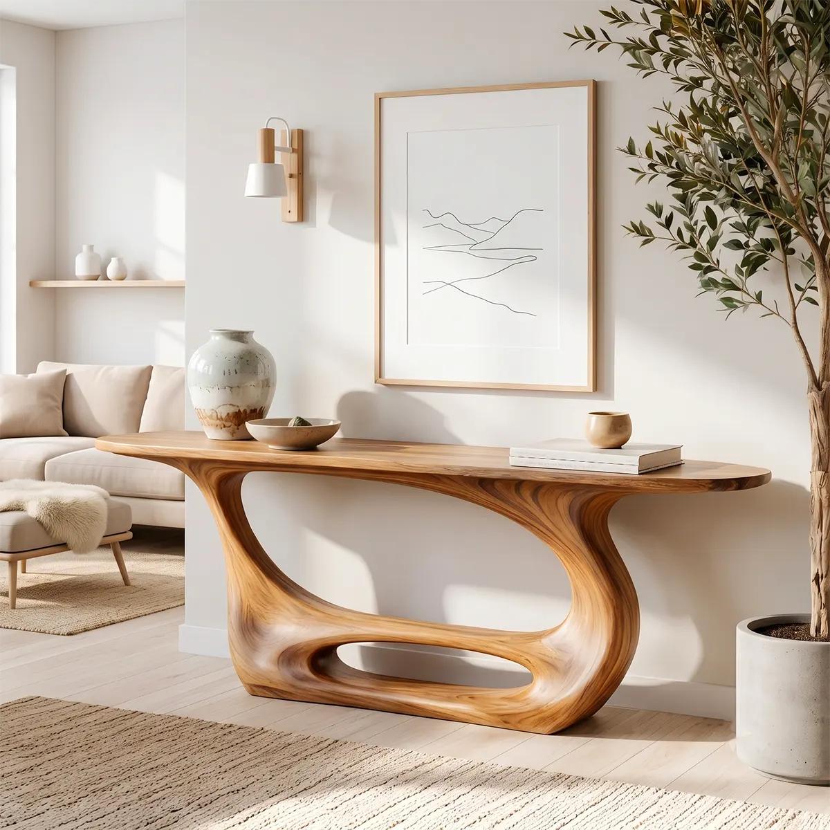 Organic Modern Console Table with Sculptural Open Base for Entryway & Living Room TT006-9597