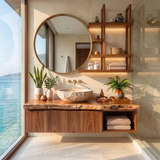 Floating Solid Wood Bathroom Vanity with Double-Door Cabinet & Open Shelf | Wall Mounted Live Edge Bathroom Vanity TT006-4KRU4XR