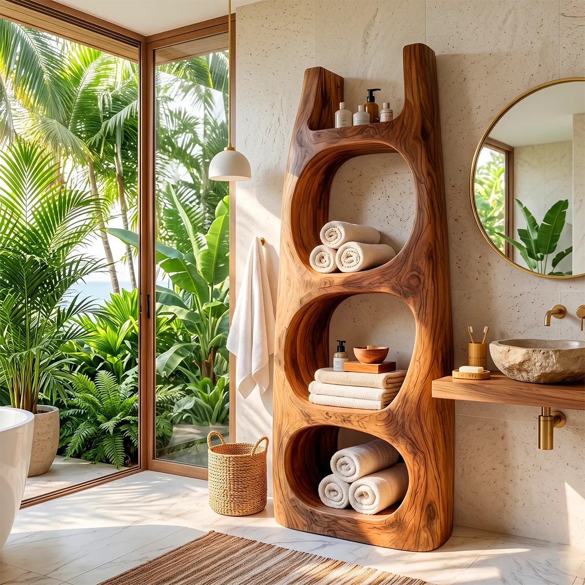 Tall Bathroom Storage Cabinet with Open Compartments & Top Shelf | Sculptural Organic Design