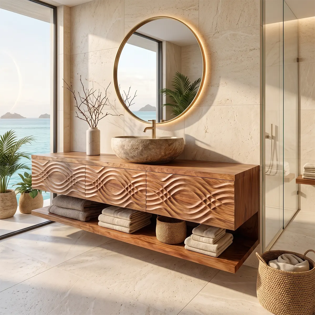 Floating Bathroom Vanity with 3 Drawers & Open Shelf | Carved Wave Front Modern Design