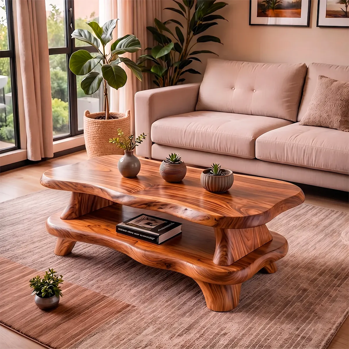 Organic Solid Wood Coffee Table with Storage Shelf | Modern Live Edge Center Table TT006-8710