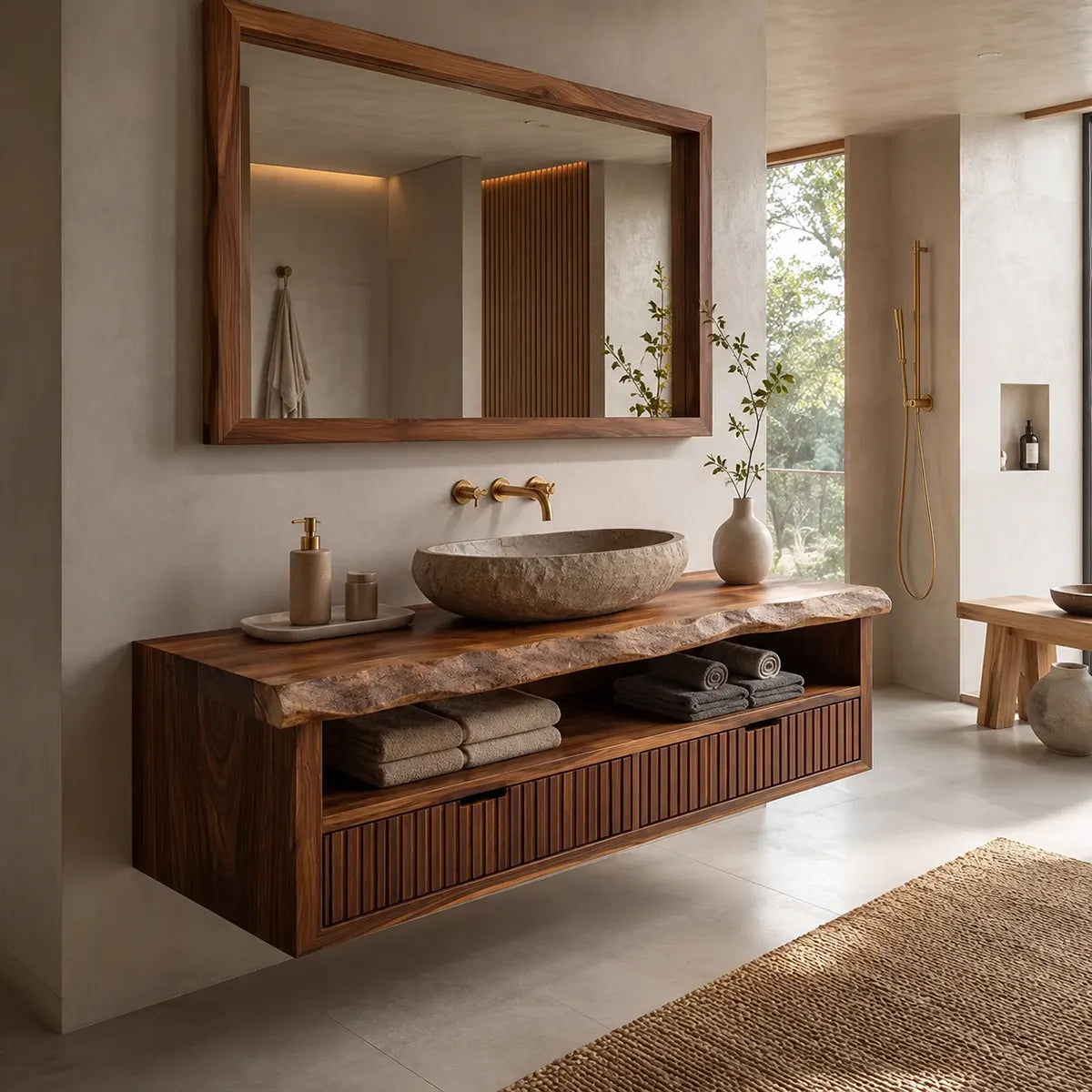 Floating Solid Wood Bathroom Vanity | Live Edge Bathroom Vanity with Fluted Drawers and Open Shelf TT006-8ZMT8QZ