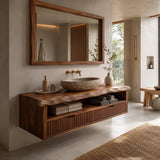 Floating Solid Wood Bathroom Vanity | Live Edge Bathroom Vanity with Fluted Drawers and Open Shelf TT006-8ZMT8QZ