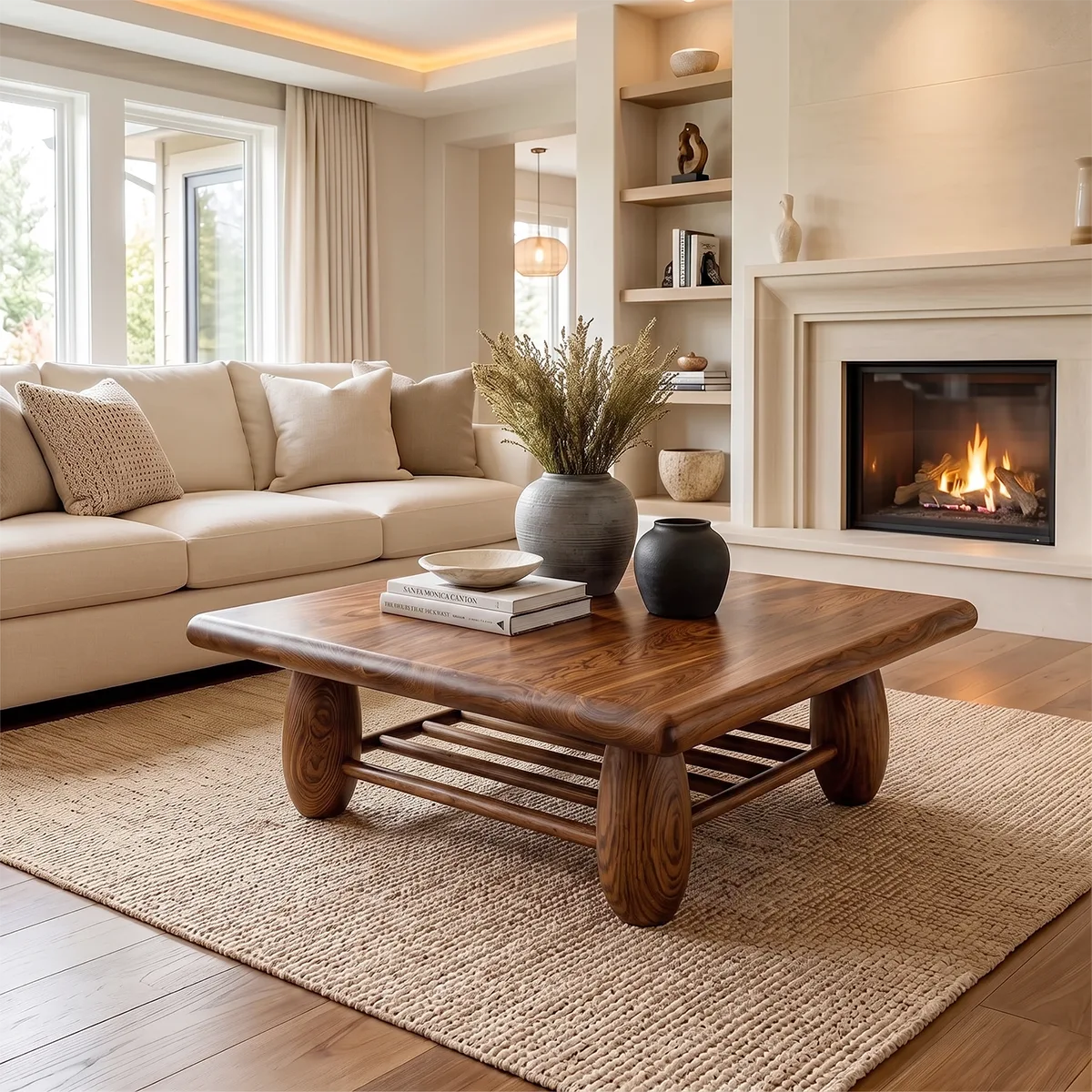 Rounded Rectangle Coffee Table with Slatted Storage Shelf | Modern Organic Center Table