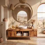 Floating Solid Wood Bathroom Vanity | Modern Bathroom Vanity with Side Cabinets and Open Shelves TT006-6ICG7SP