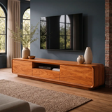 Modern Curved TV Stand with Drawer, Cabinet & Open Shelf | Low Profile Media Console