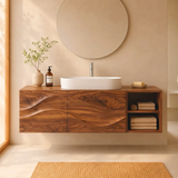 Floating Bathroom Vanity with 2 Doors | Carved Wave Front & Open Storage Shelves